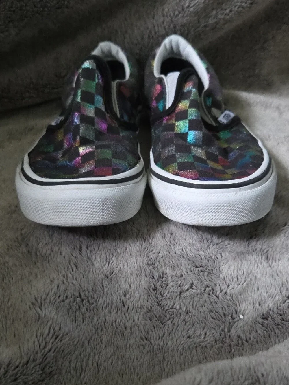 Vans Kids Size 2Y Slip-On Checkerboard Sneakers in Black with Iridescent Accents